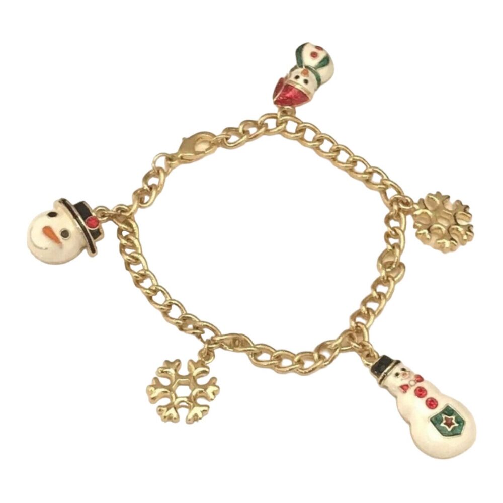 Vintage 1990s Christmas Charm Bracelet Snowman Snowflake Enamel - 3Z